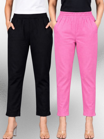 Black & Pink Regular Fit Elastic Cotton Trouser Combo