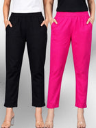 Black & Rani Regular Fit Elastic Cotton Trouser Combo