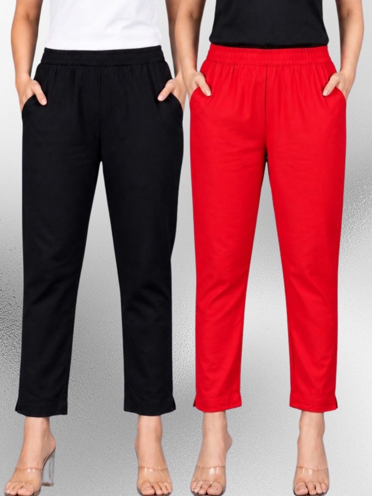 Black & Red Regular Fit Elastic Cotton Trouser Combo