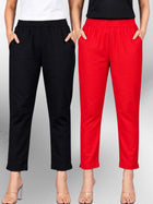 Black & Red Regular Fit Elastic Cotton Trouser Combo