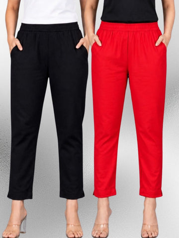 Black & Red Regular Fit Elastic Cotton Trouser Combo