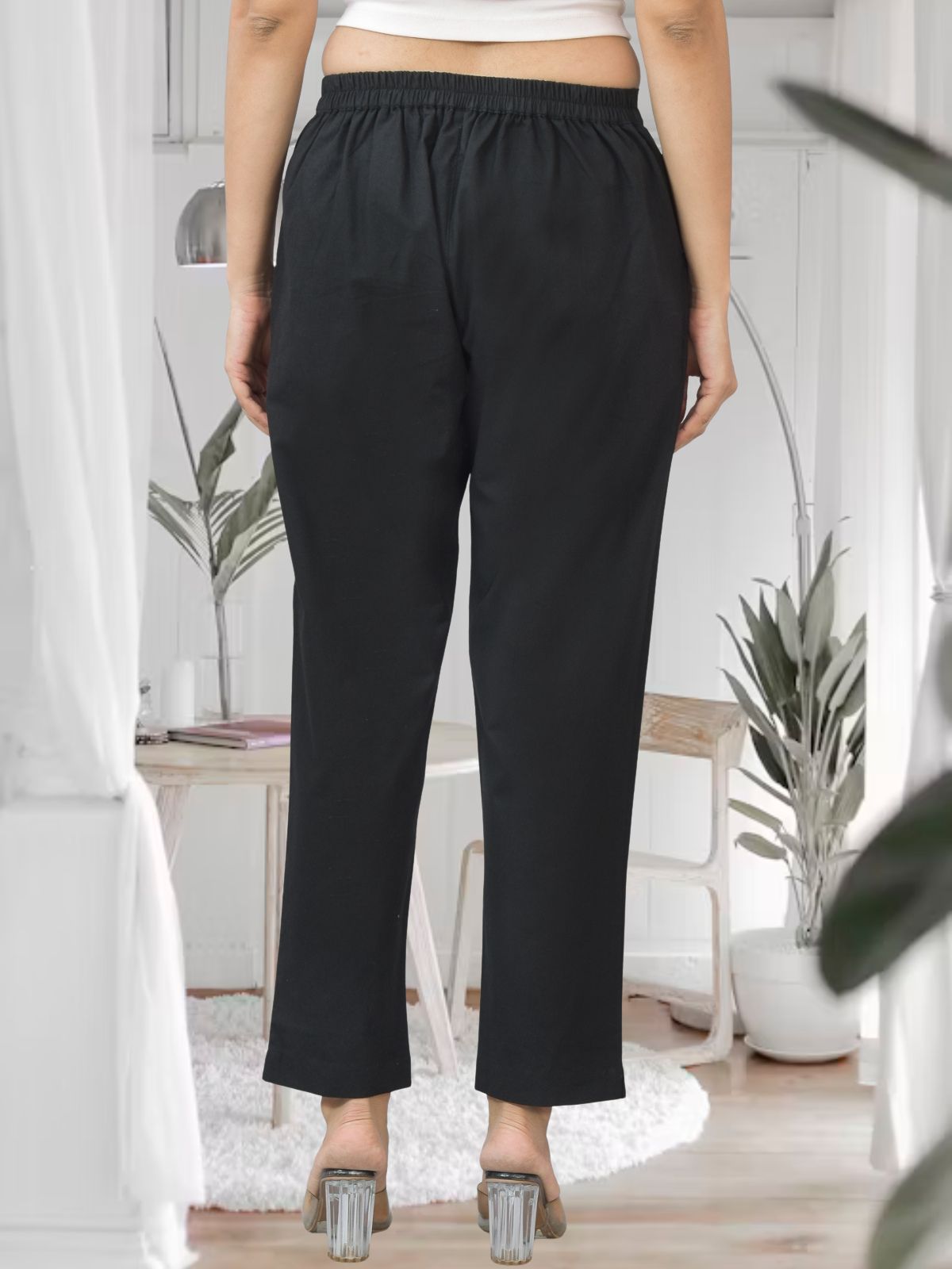 Black Half Elastic Airy Linen Cotton Pants