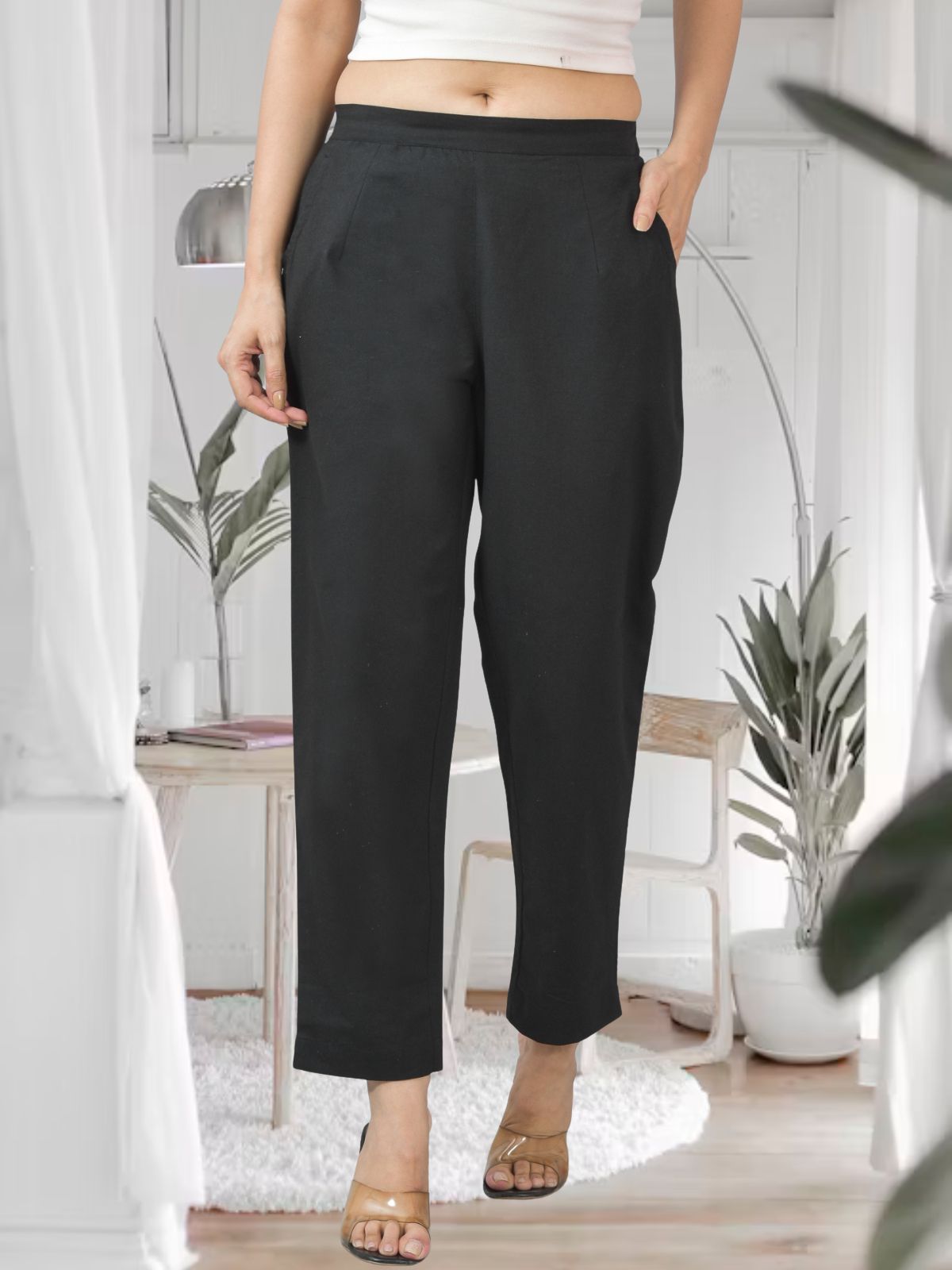 Black Half Elastic Airy Linen Cotton Pants