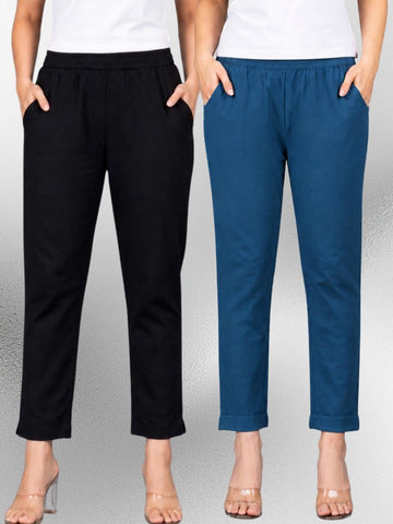 Black & Tealblue Regular Fit Elastic Cotton Trouser Combo