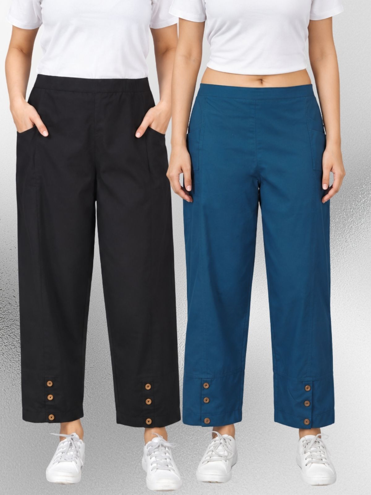 Black & TealBlue Cotton Straight Cargo Pant Combo