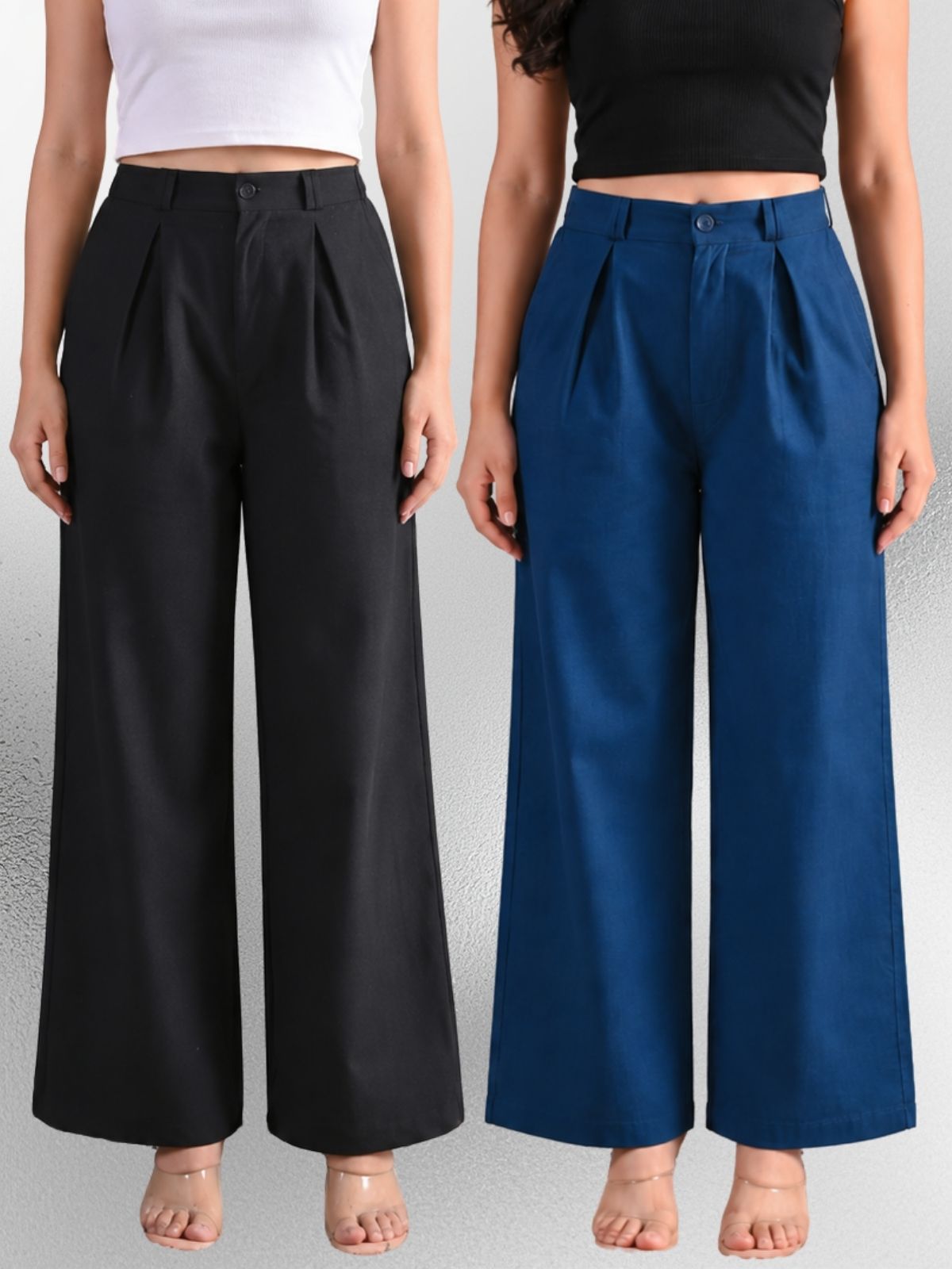 Black & Tealblue-Cotton Wide Leg Pants Combo
