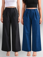 Black & Tealblue-Cotton Wide Leg Pants Combo