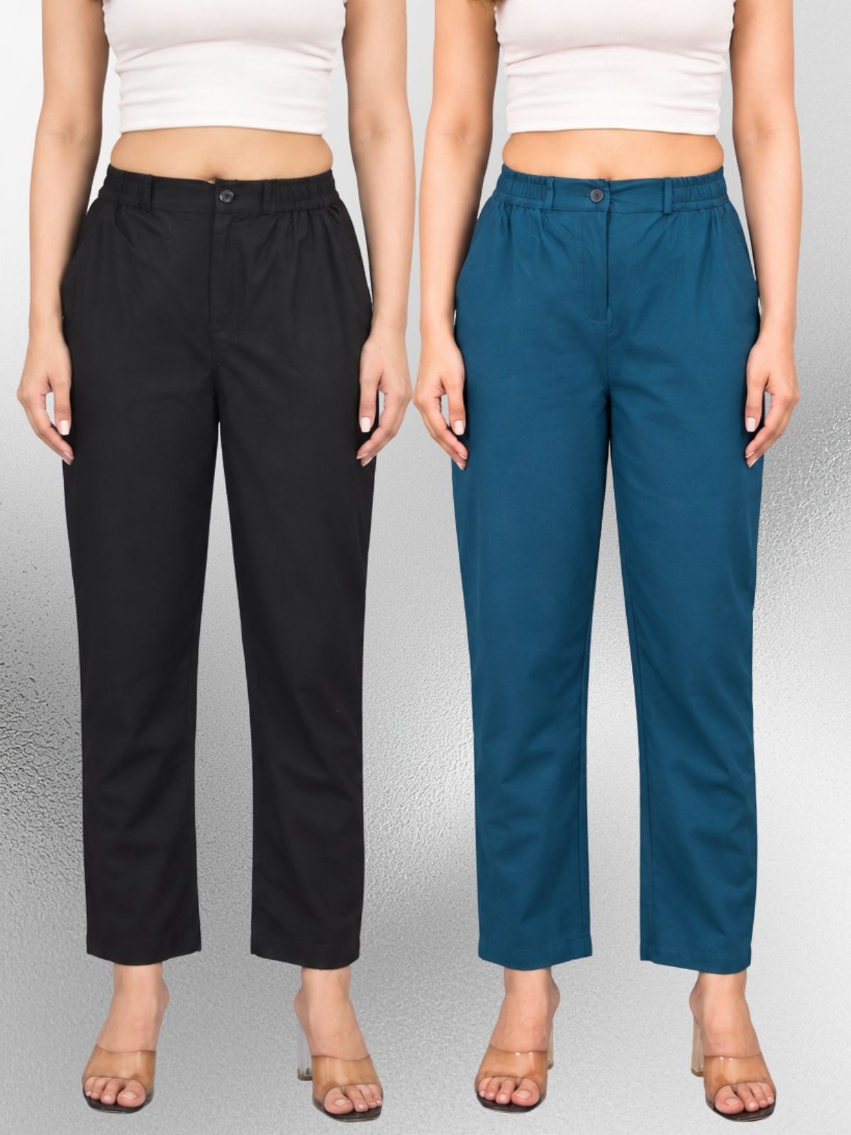 Black & Tealblue Regular Fit Cotton Formal Trouser Combo