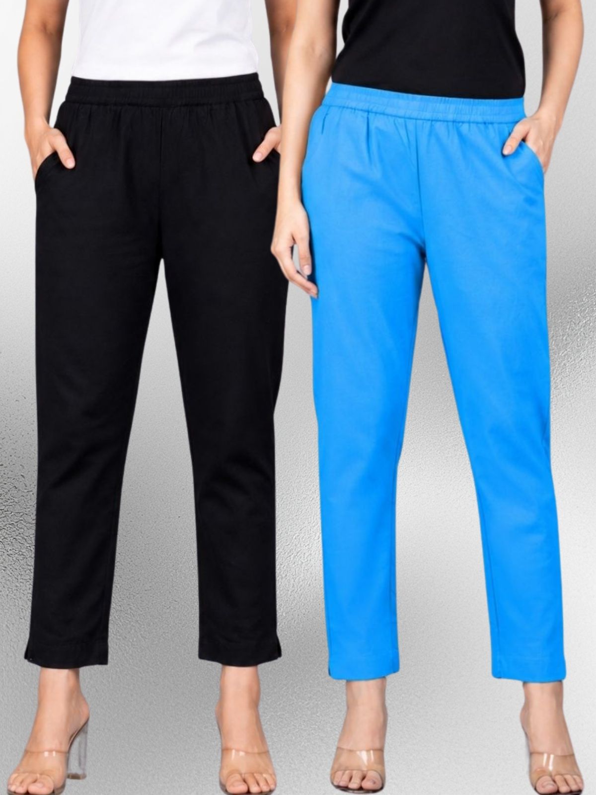 Black & Turquoise Regular Fit Elastic Cotton Trouser Combo