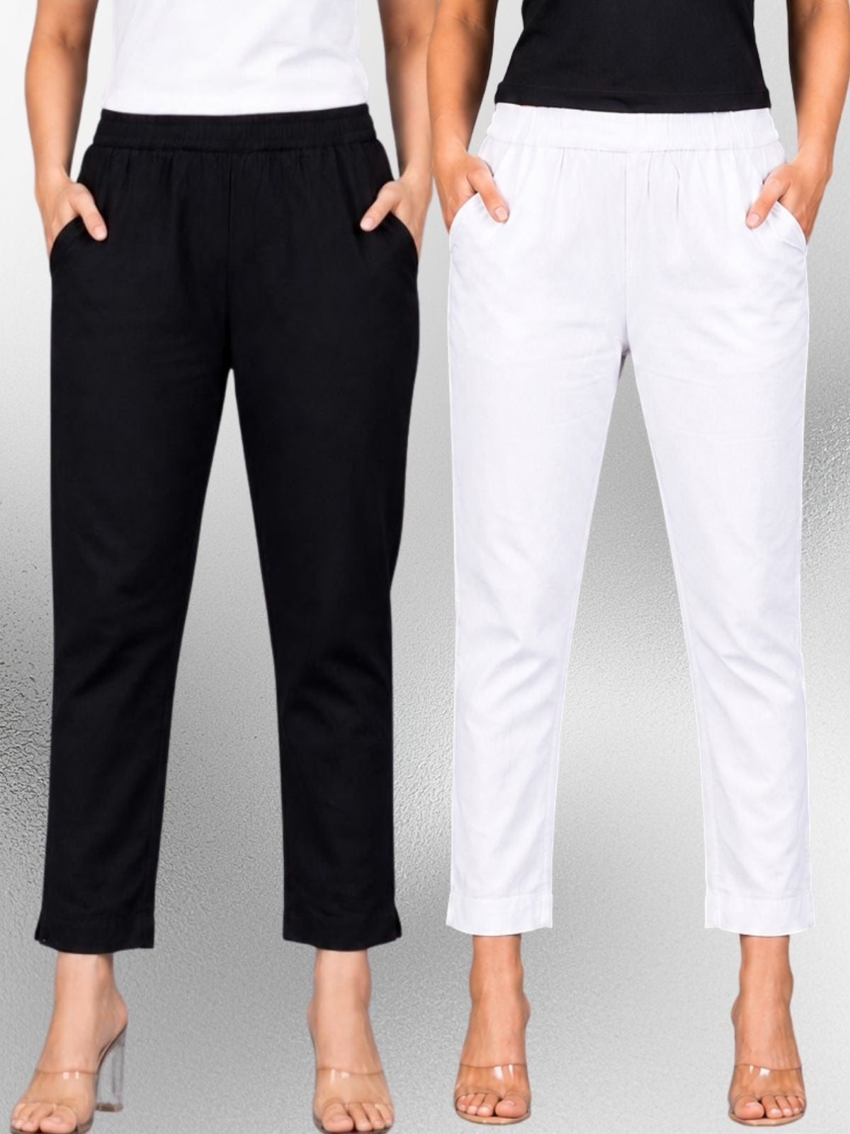 Black & White Regular Fit Elastic Cotton Trouser Combo