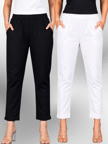 Black & White Regular Fit Elastic Cotton Trouser Combo