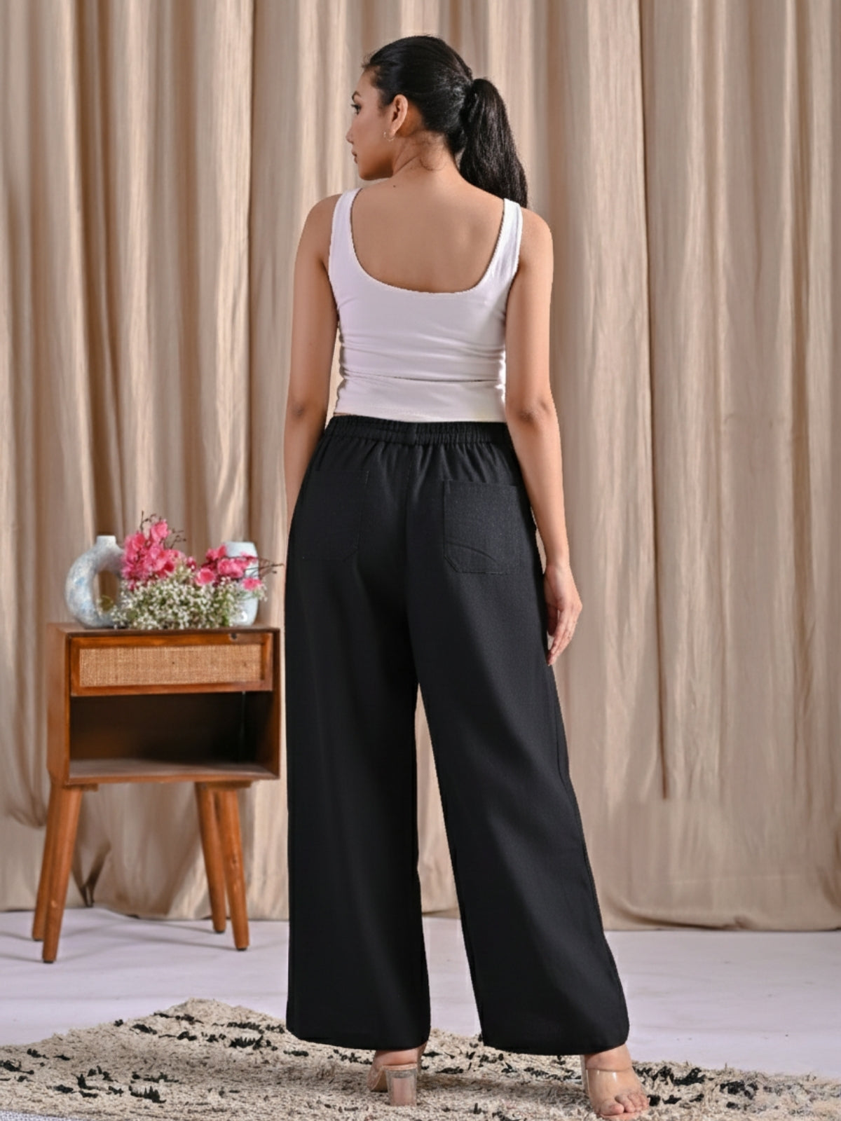Black Cotton Wide Leg Pants