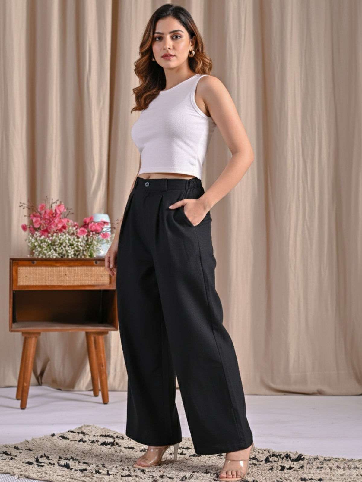 Black Cotton Wide Leg Pants