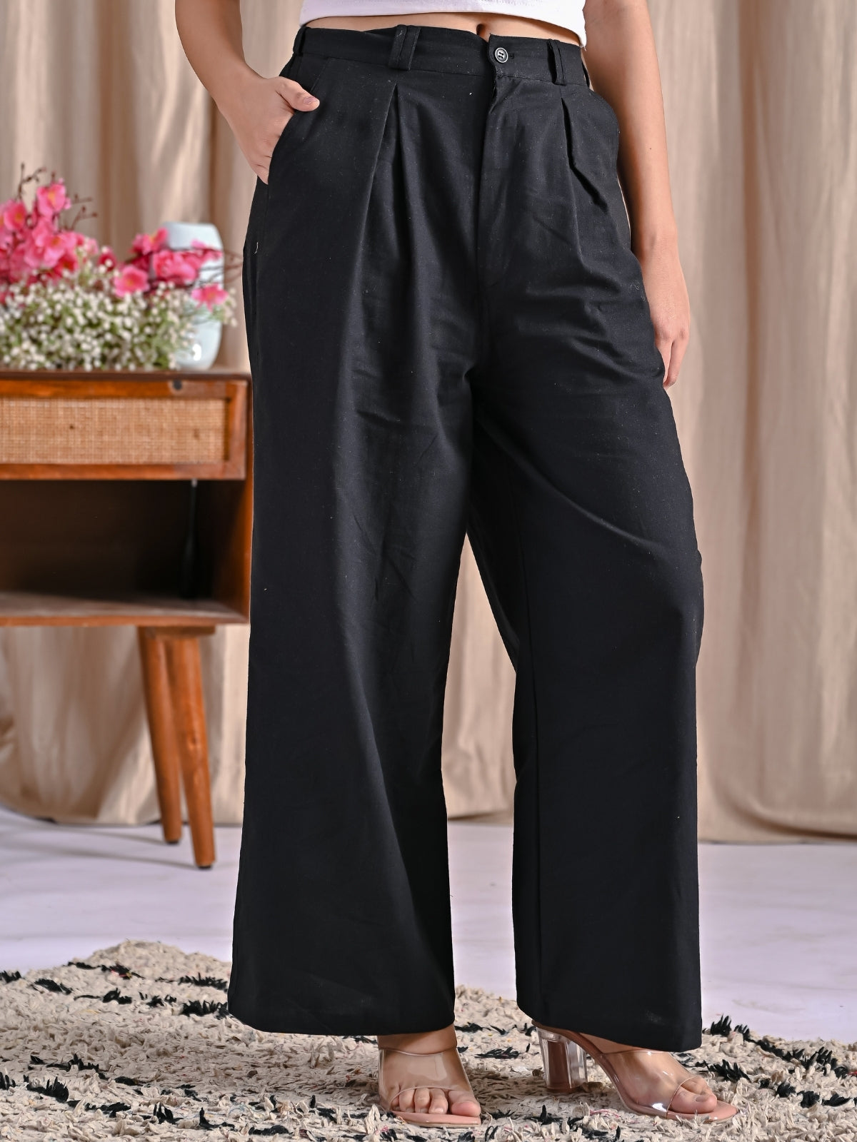 Black Cotton Wide Leg Pants