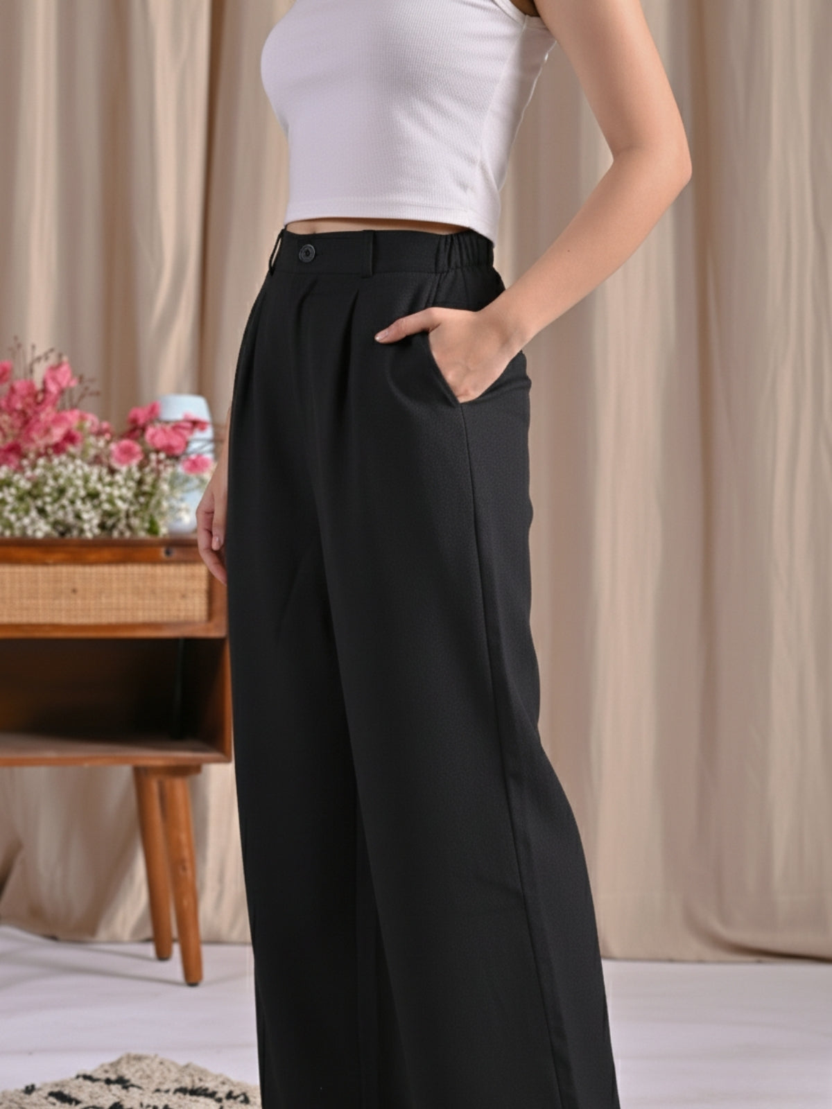 Black Cotton Wide Leg Pants