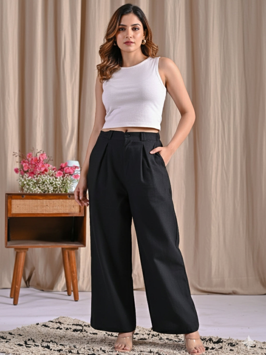 Black & Cream-Cotton Wide Leg Pants Combo