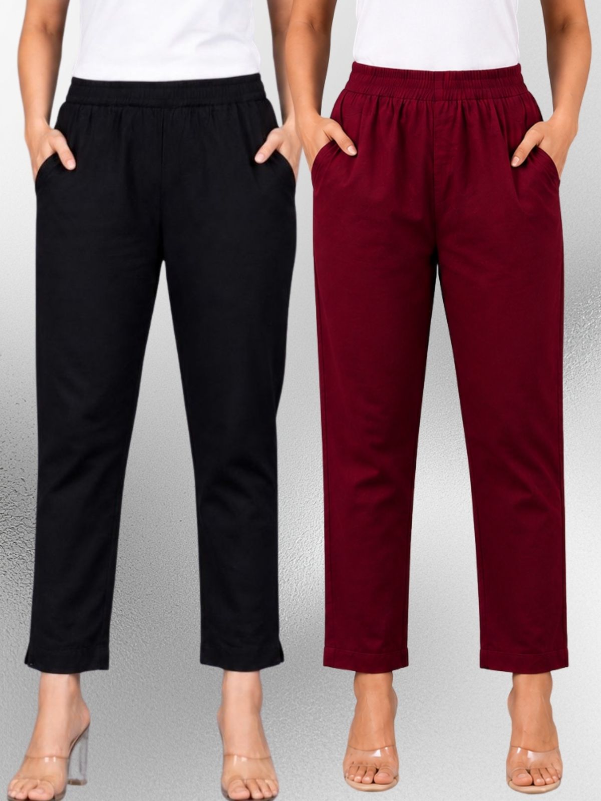 Black & Wine Regular Fit Elastic Cotton Trouser Combo