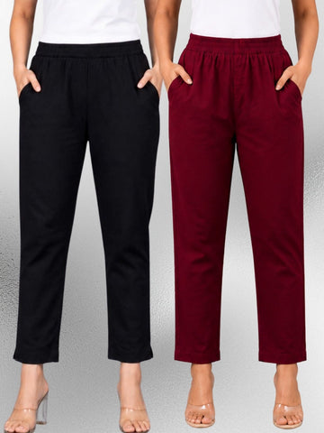 Black & Wine Regular Fit Elastic Cotton Trouser Combo