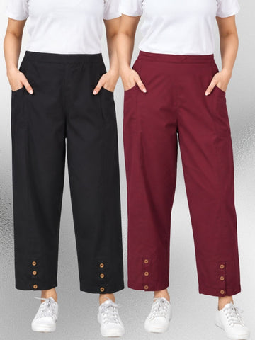 Black & Wine Cotton Straight Cargo Pant Combo