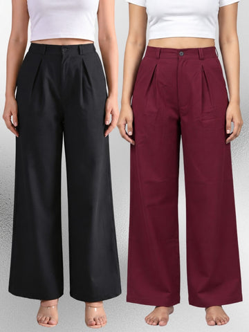 Black & Wine-Cotton Wide Leg Pants Combo
