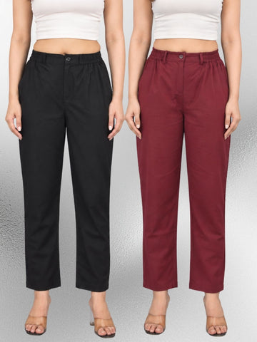 Black & Wine Regular Fit Cotton Formal Trouser Combo