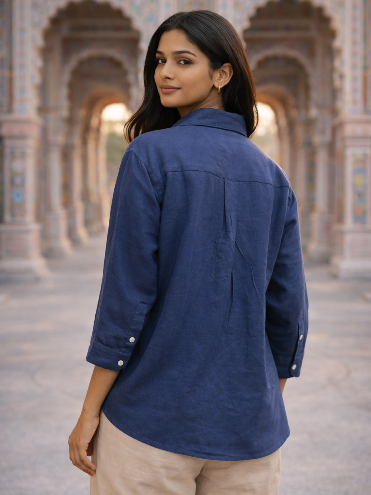 Blue Airy Linen Pleated Top