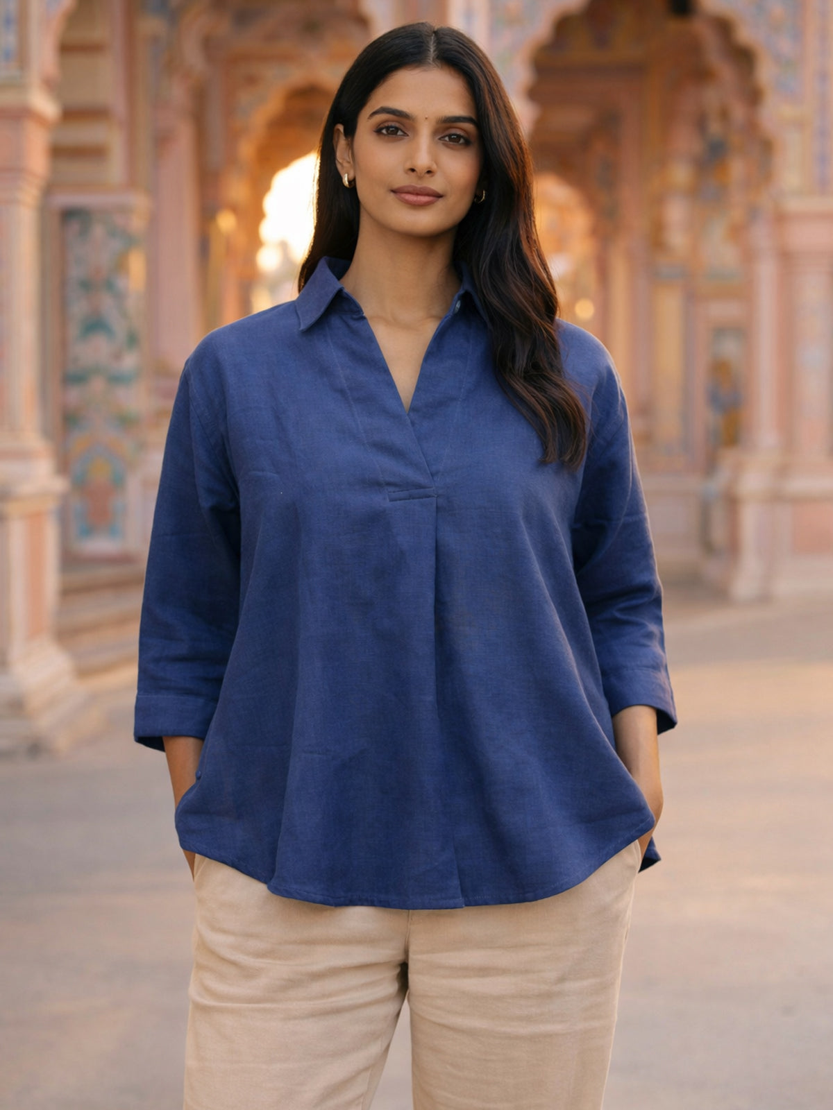 Blue Airy Linen Pleated Top