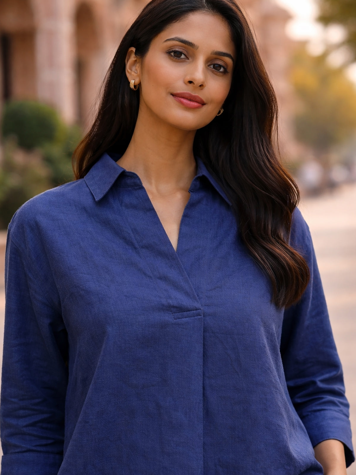 Blue Airy Linen Pleated Top