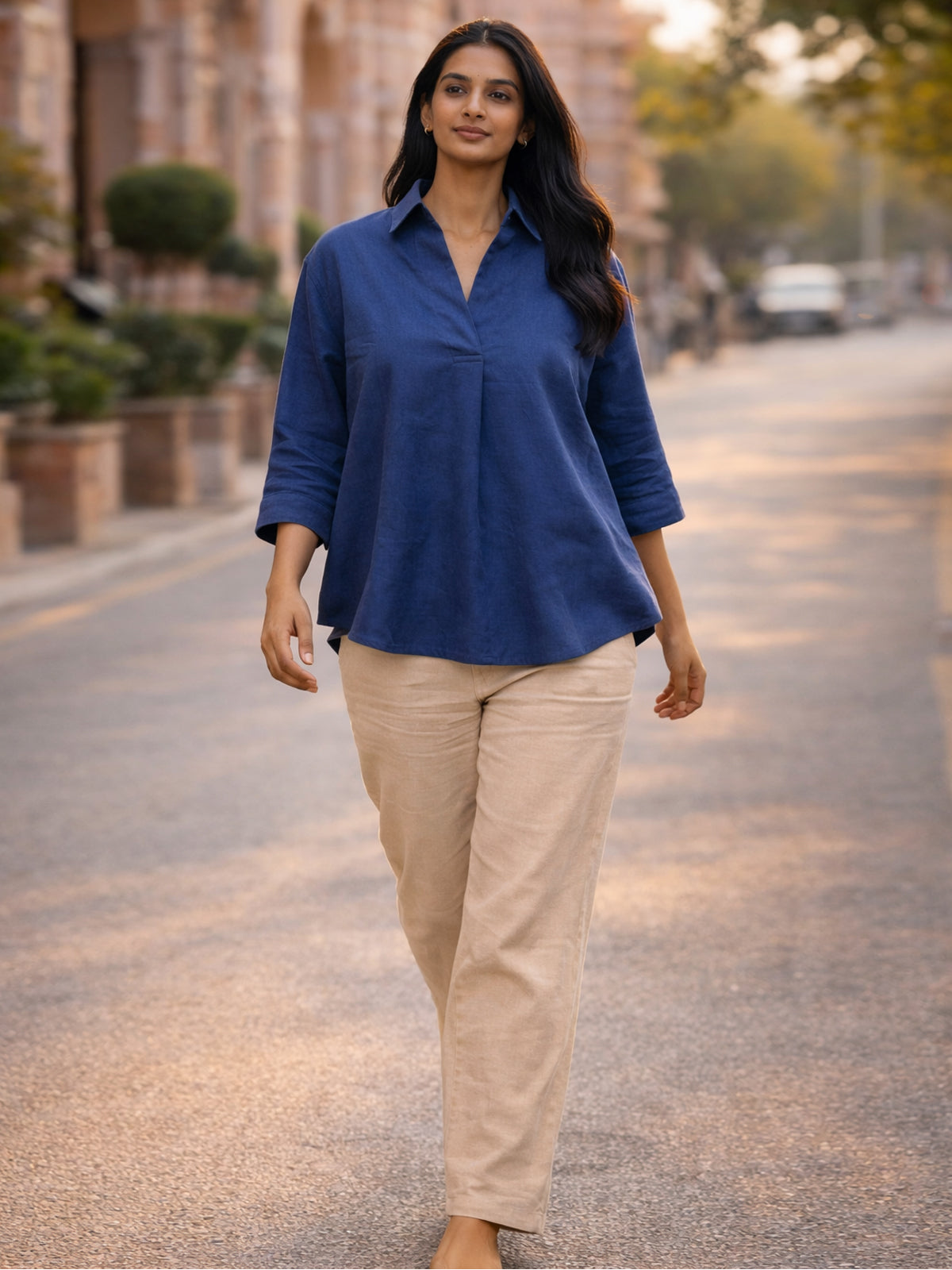 Blue Airy Linen Pleated Top
