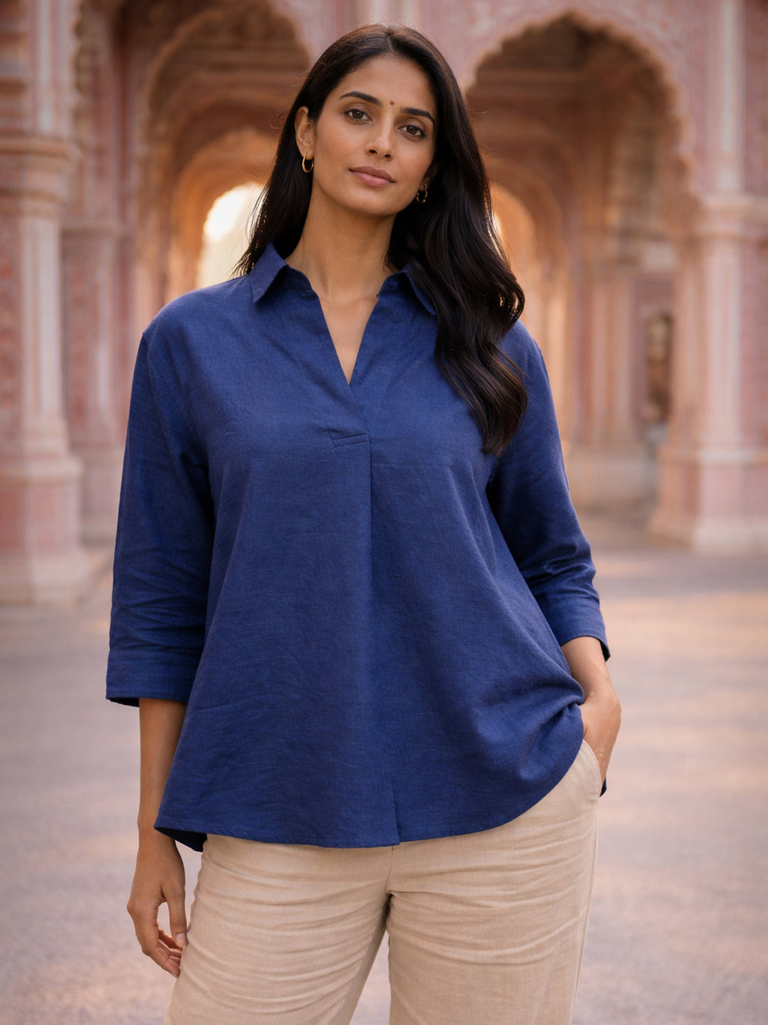 Blue Airy Linen Pleated Top