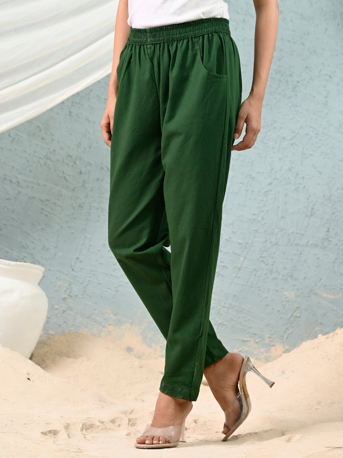 Green Regular Fit Elastic Cotton Trouser