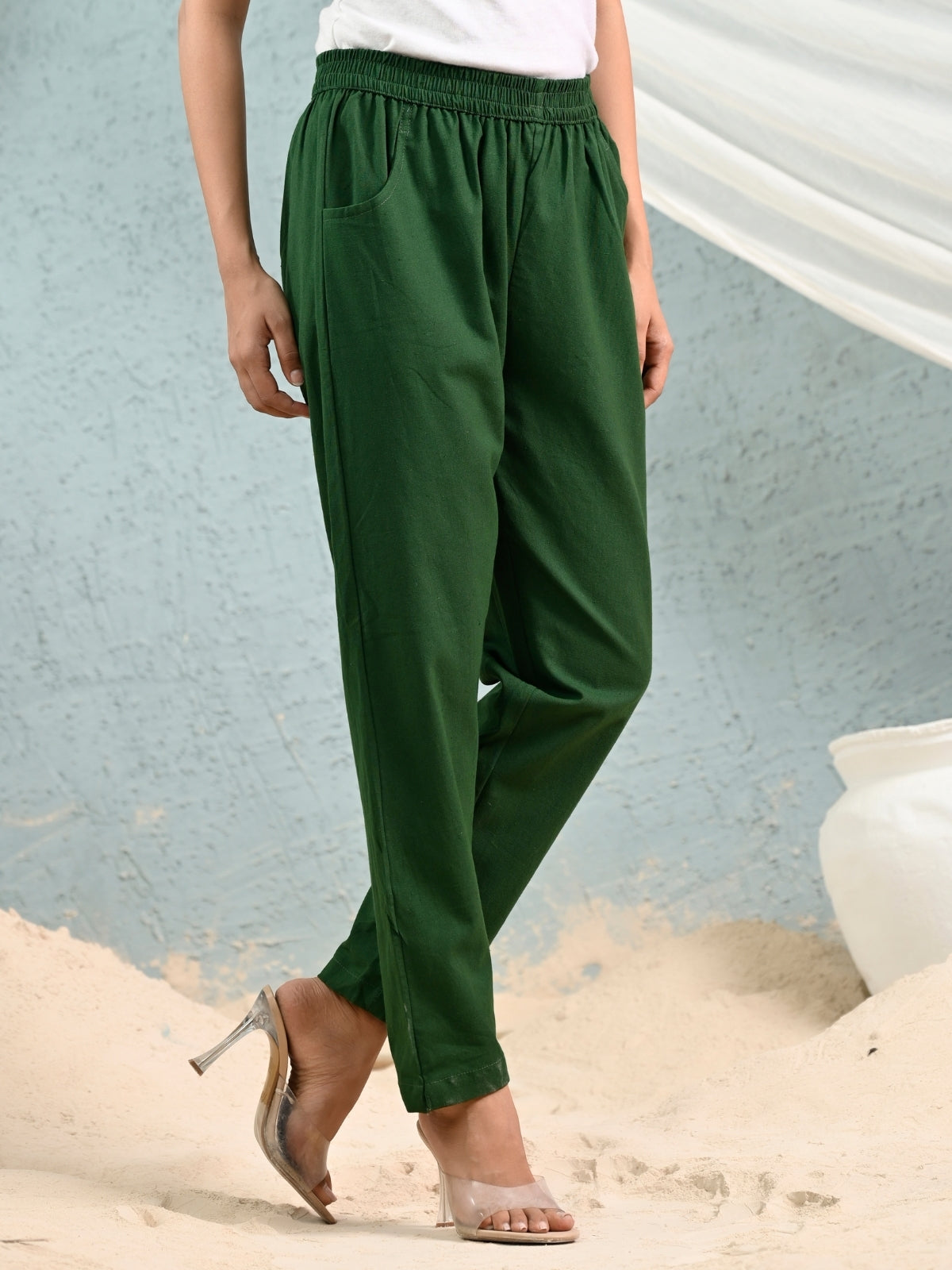Green Regular Fit Elastic Cotton Trouser