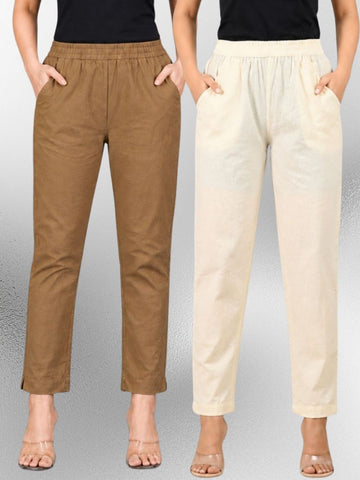 Brown & Cream Regular Fit Elastic Cotton Trouser Combo