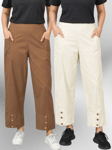 Brown & Cream Cotton Straight Cargo Pant Combo