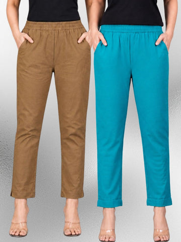 Brown & Cyan Regular Fit Elastic Cotton Trouser Combo