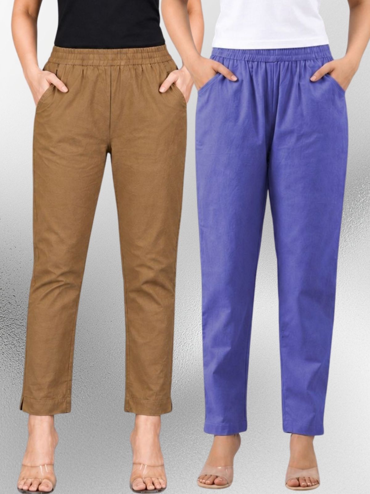 Brown & Denimblue Regular Fit Elastic Cotton Trouser Combo