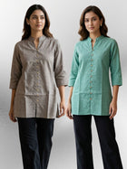 Brown & Green Handloom Cotton Front-Slit Short Kurti Combo