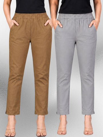 Brown & Grey Regular Fit Elastic Cotton Trouser Combo
