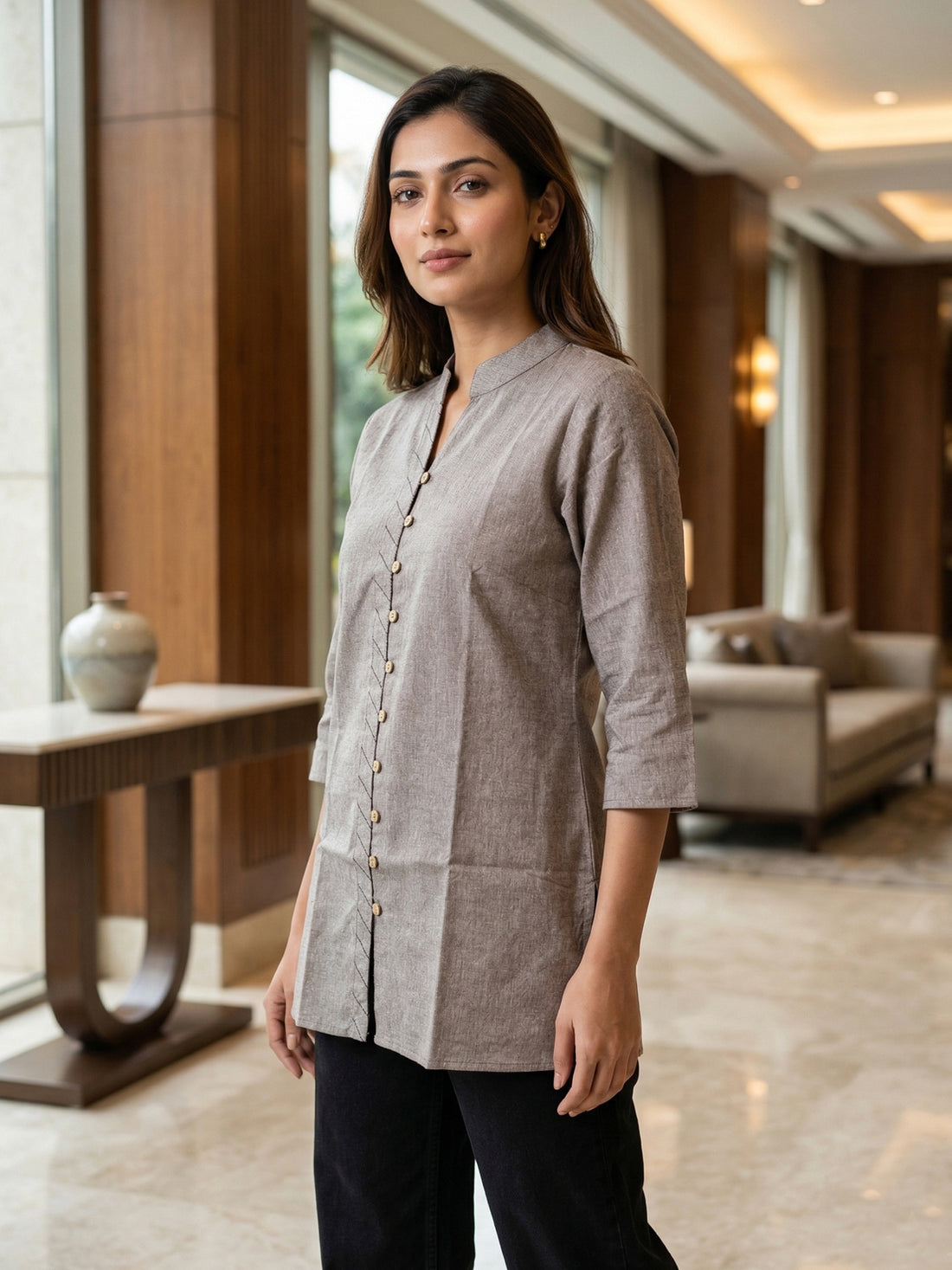 Brown Handloom Cotton Front-Slit Short Kurti