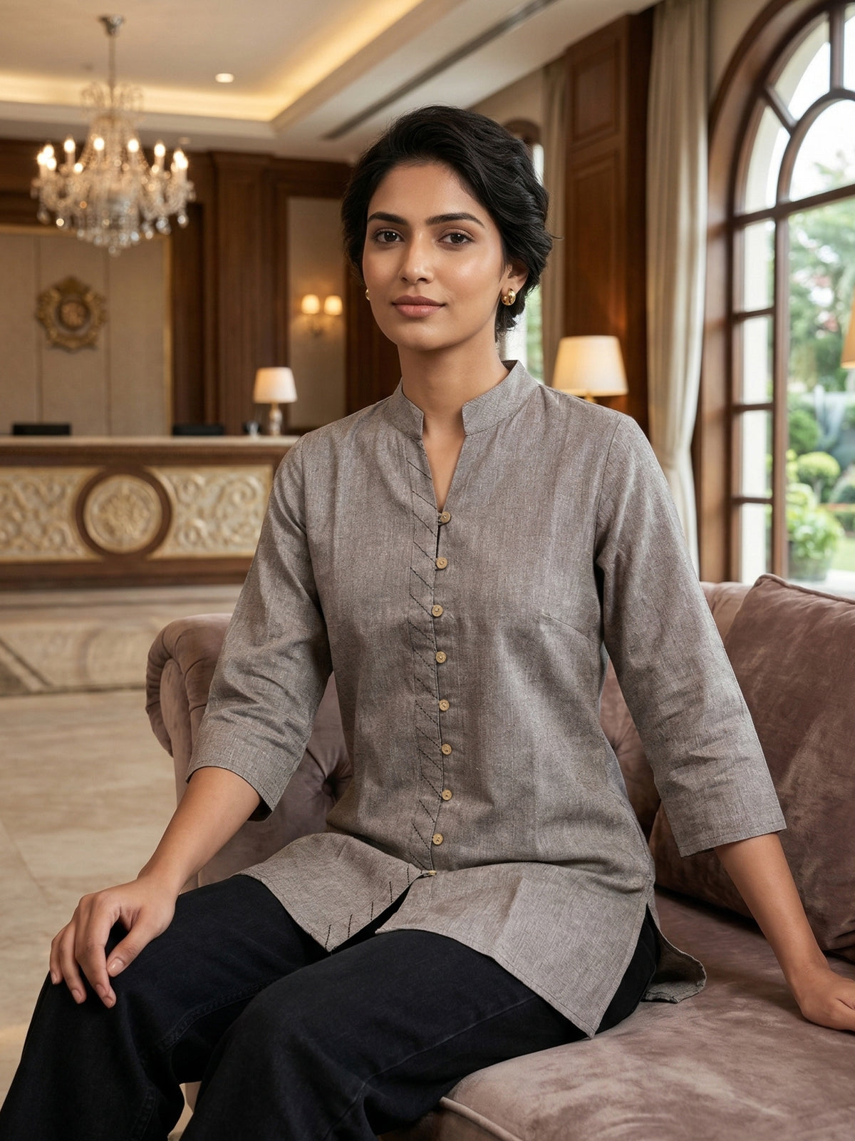 Brown Handloom Cotton Front-Slit Short Kurti