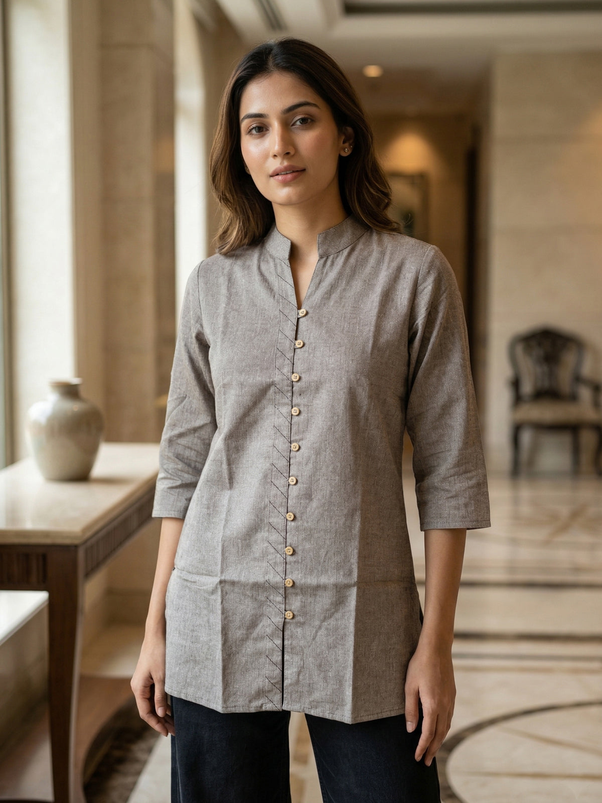 Brown Handloom Cotton Front-Slit Short Kurti