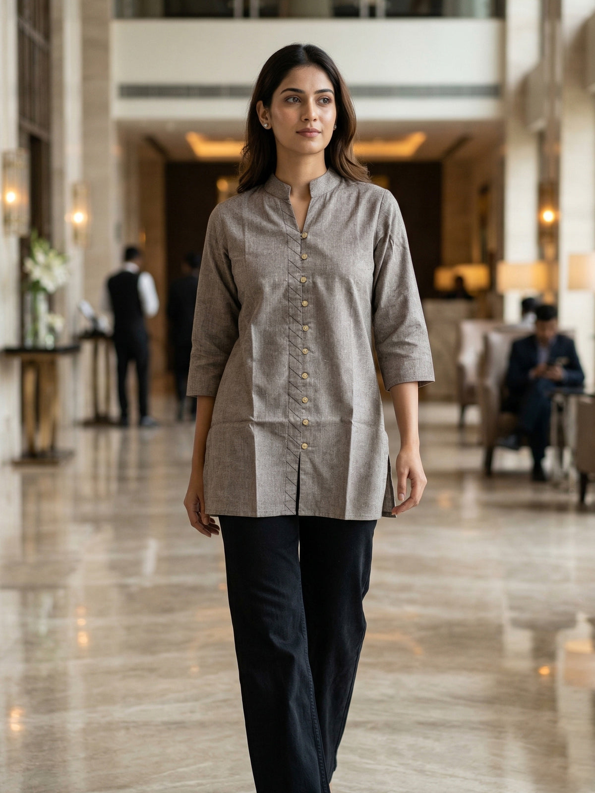Brown Handloom Cotton Front-Slit Short Kurti