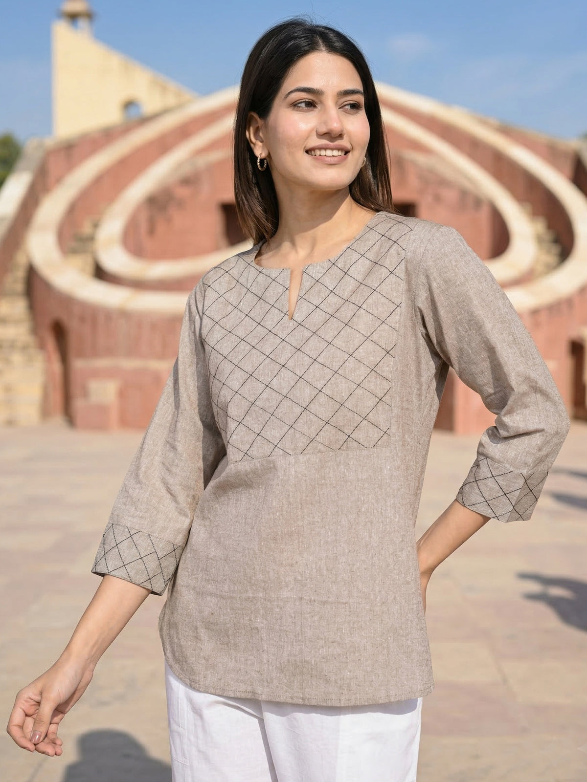 Brown Handloom Cotton Yoke Top