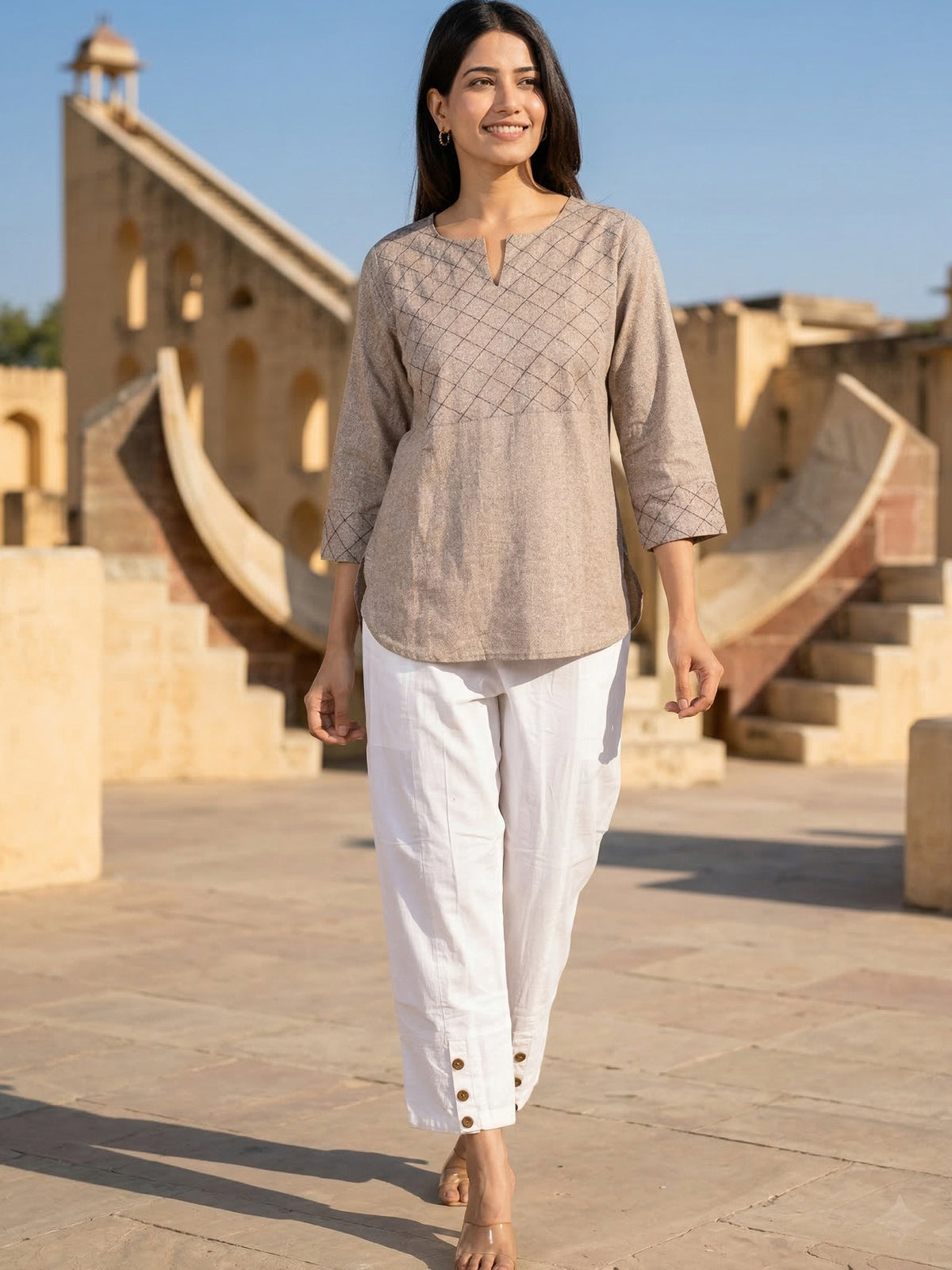 Brown Handloom Cotton Yoke Top