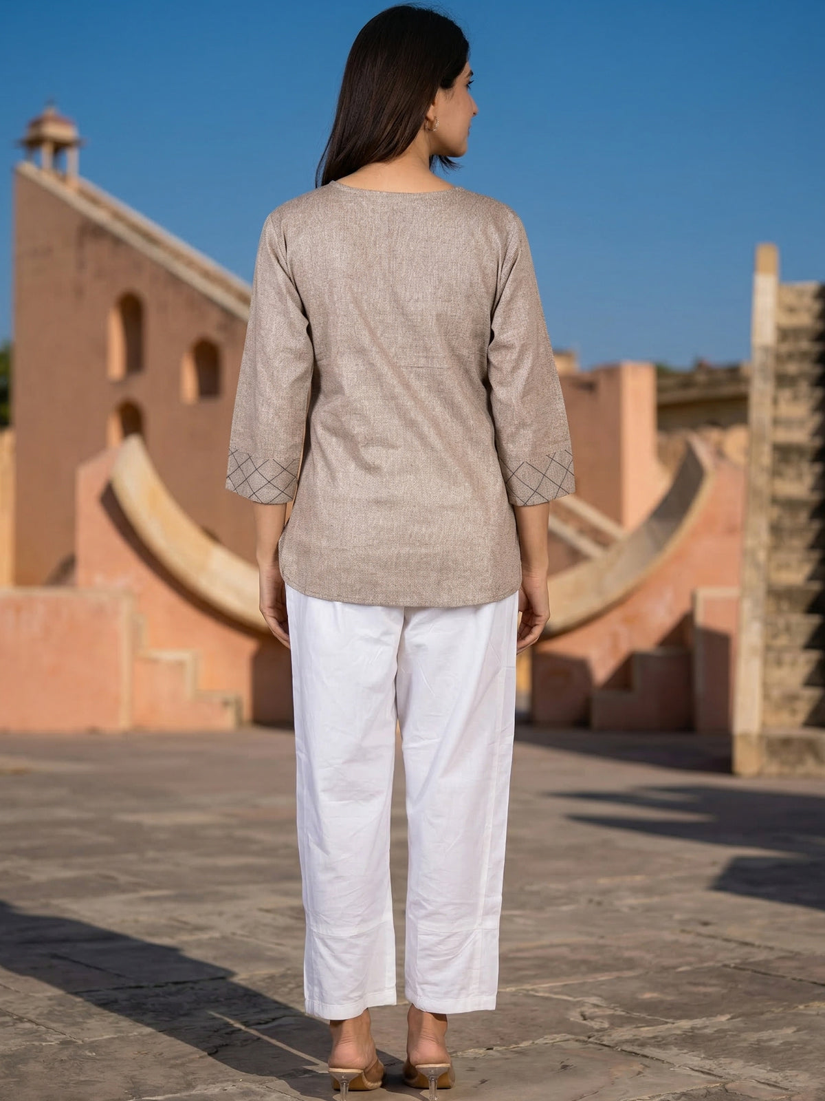 Brown Handloom Cotton Yoke Top