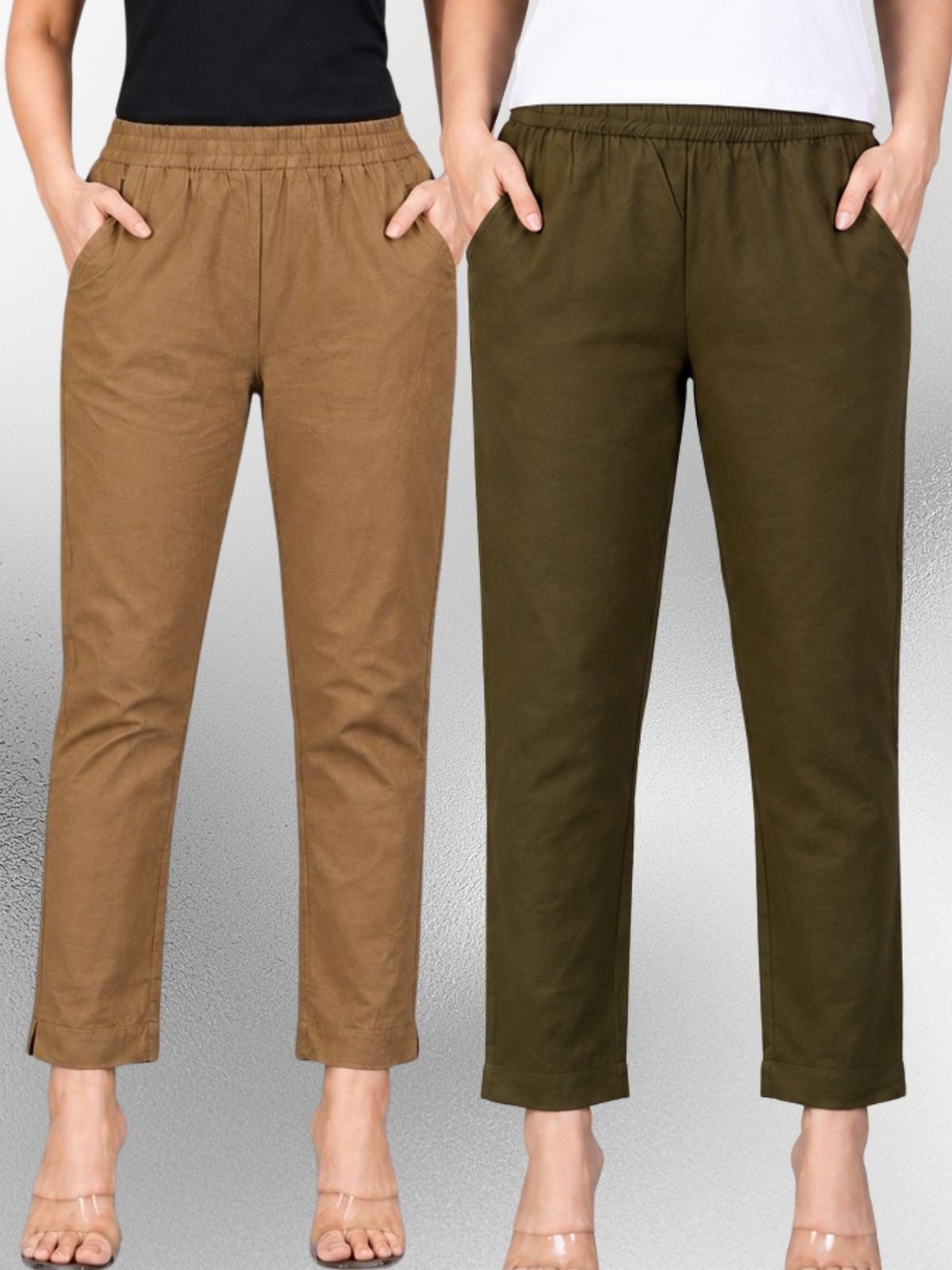 Brown & Mehendi Regular Fit Elastic Cotton Trouser Combo