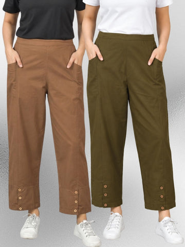 Brown & Mehndi Cotton Straight Cargo Pant Combo