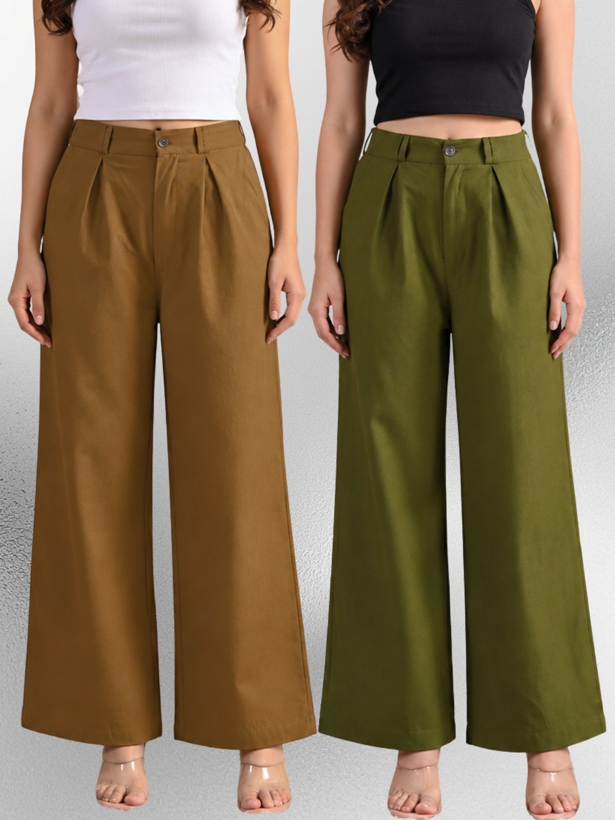 Brown & Mehndi-Cotton Wide Leg Pants Combo