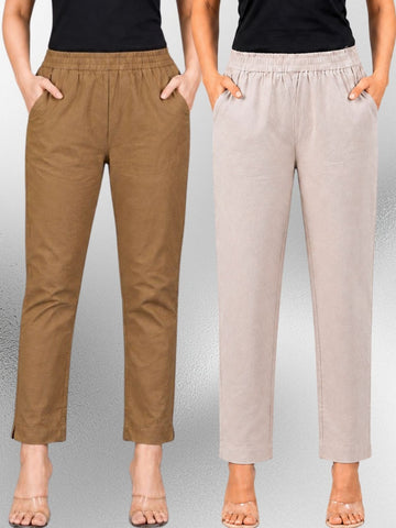 Brown & Melange Regular Fit Elastic Cotton Trouser Combo