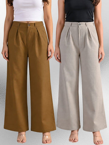 Brown & Melange-Cotton Wide Leg Pants Combo